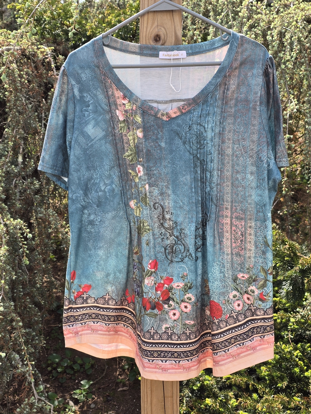 Women's Teal Floral Pintuck Short Sleeve Top